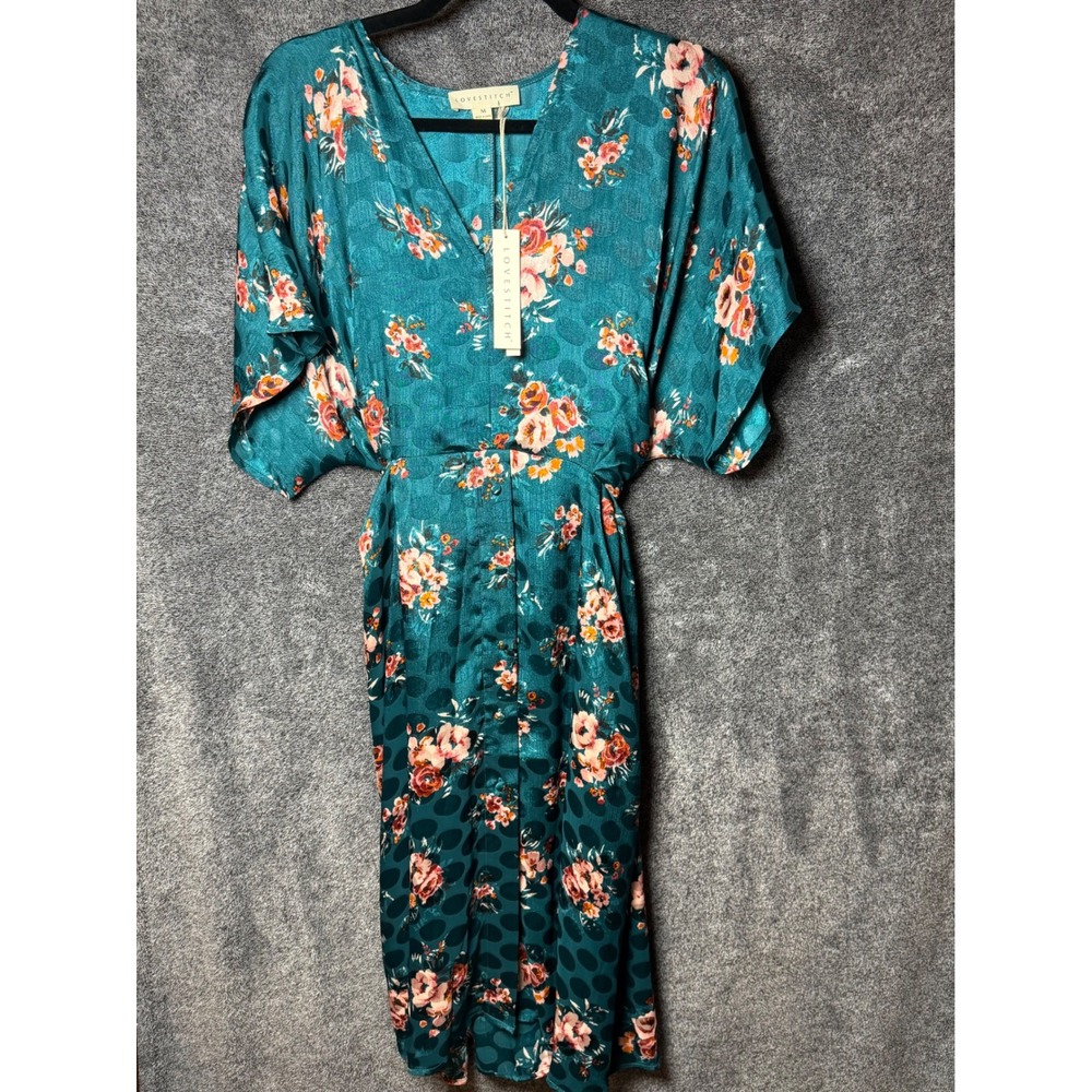 Lovestitch Teal Occasion Floral Jacquard Polka Dot Midi Dress M NWT
